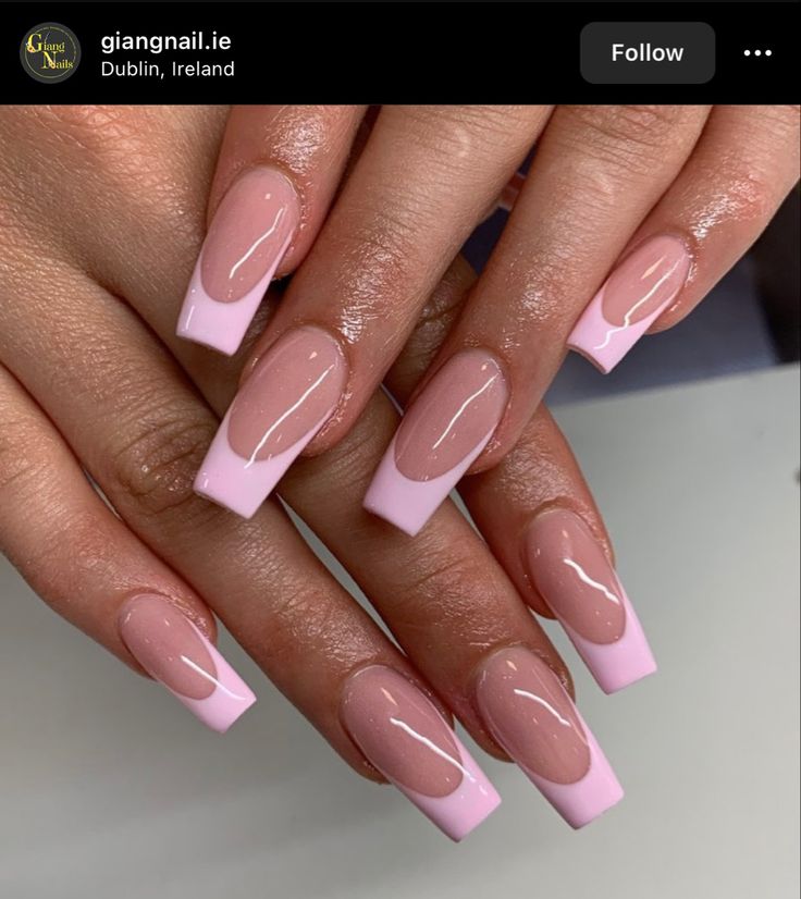 Elegant Nude and Pastel Pink Acrylic Nails with Glossy French Tips.