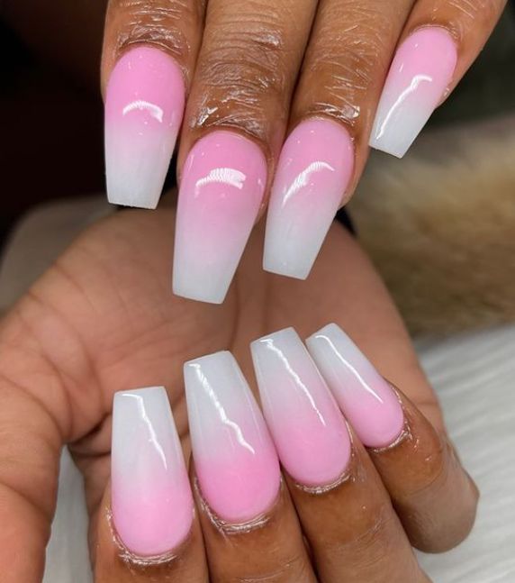 Elegant Ombre Nail Design: Soft Pink to White Gradient on Long Square Nails.