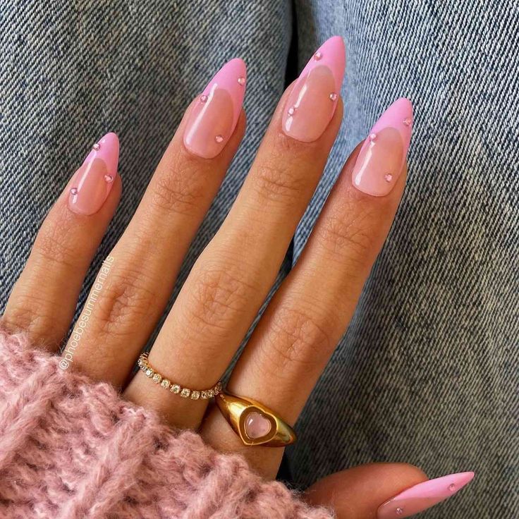 Chic Almond-Shaped Nails with Soft Pink Ombre and Subtle Rhinestone Accents