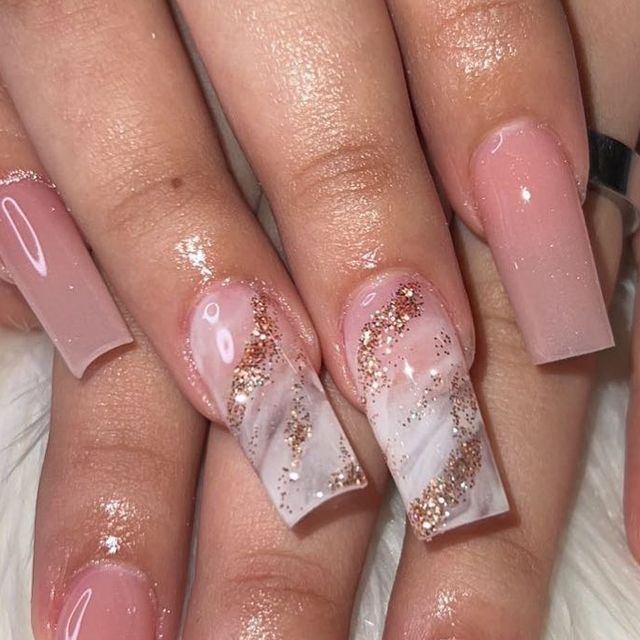 Chic and Glamorous Soft Pink Glitter Marble Ombre Nail Design