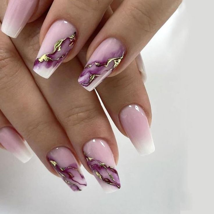 Elegant Ombre Nail Design with Soft Pink, White, Purple Marbling, and Gold Accents