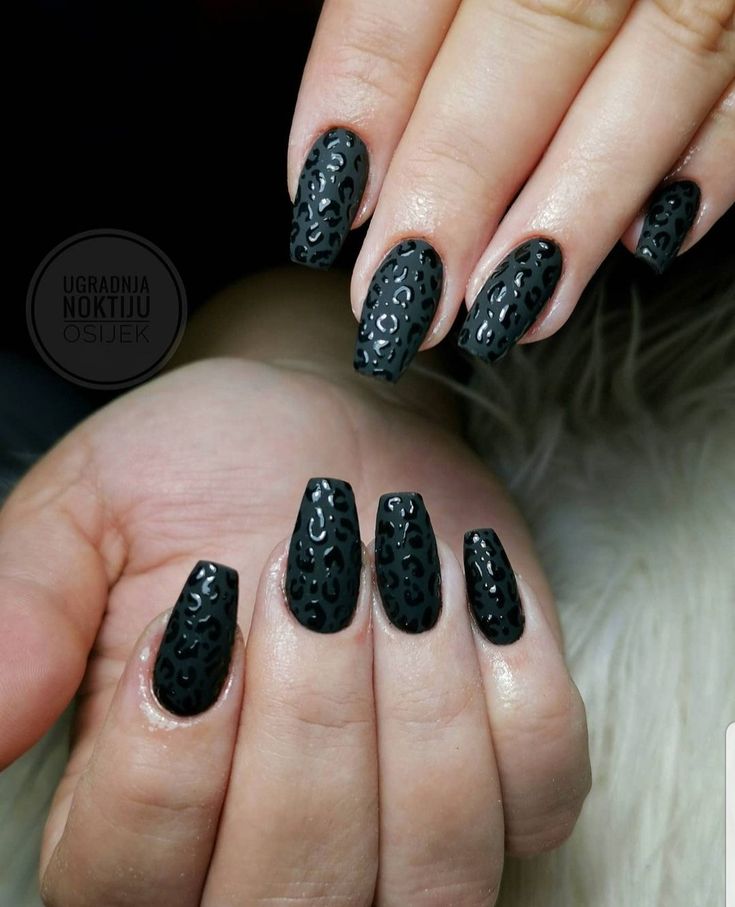 Fierce Elegance: Bold Black Nails with Striking Leopard Print Design