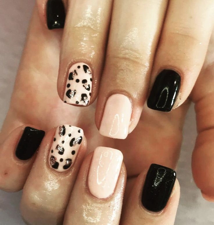 Chic and Trendy Nail Design: Elegant Glossy Black, Soft Pink, and Leopard Print Accents.