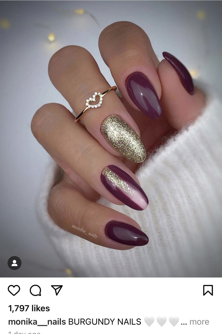 Chic Burgundy Oval Nail Design with Glossy and Glitter Finishes