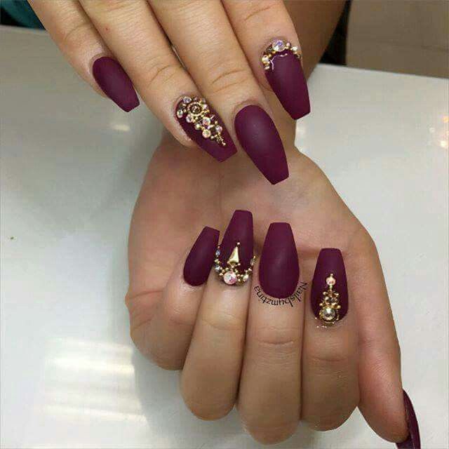 Sophisticated Elegant Burgundy Matte Nails with Rhinestone and Pearl Accents.