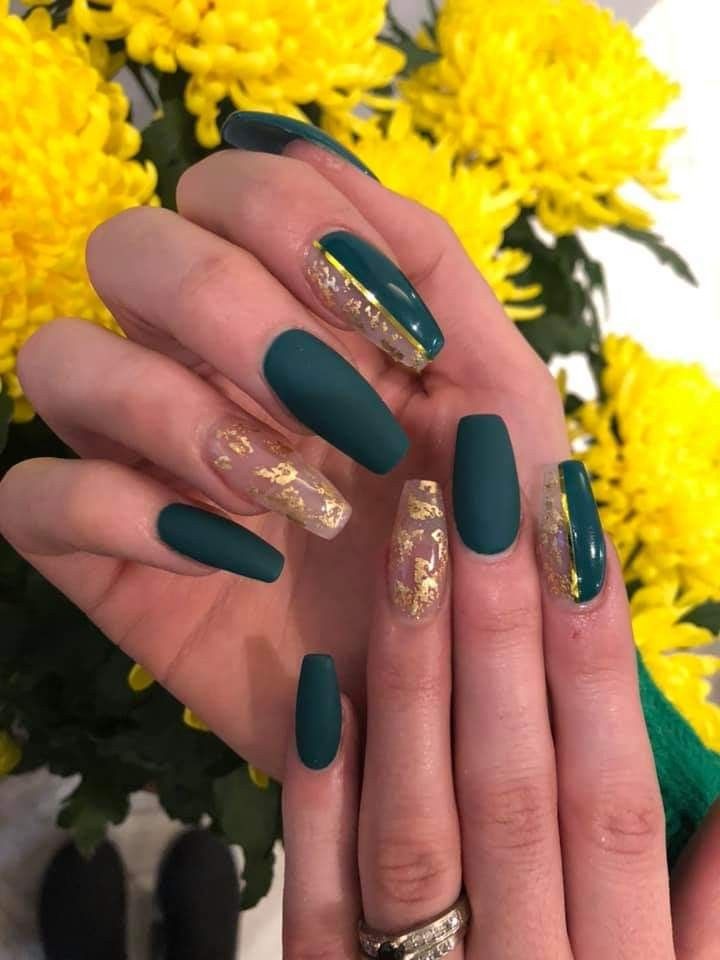 Elegant Forest Green Matte Nail Design with Shimmering Gold Accents