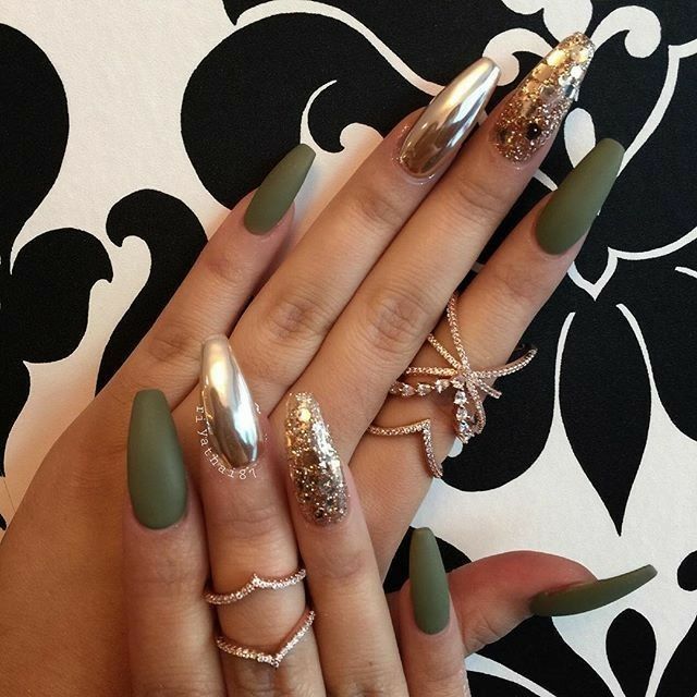 Striking Bold Nail Design: Matte Olive Green and Metallic Silver with Glamorous Accents