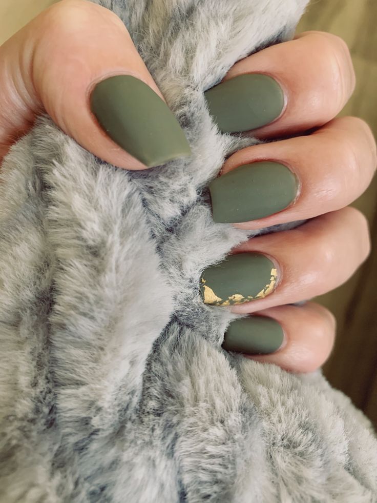 Chic Matte Olive Green Nails with Striking Gold Foil Accent.