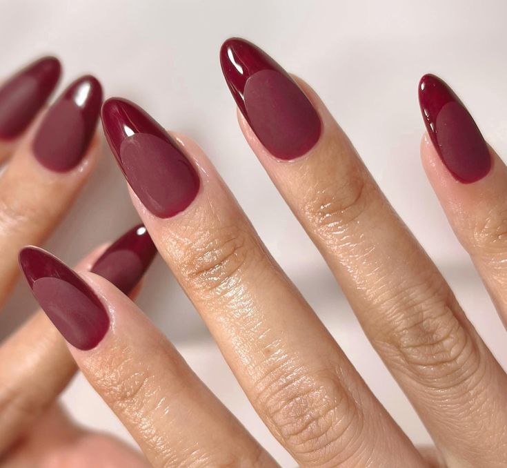 Chic Elegant Almond-Shaped Nails in Deep Burgundy with Glossy and Matte Finish.