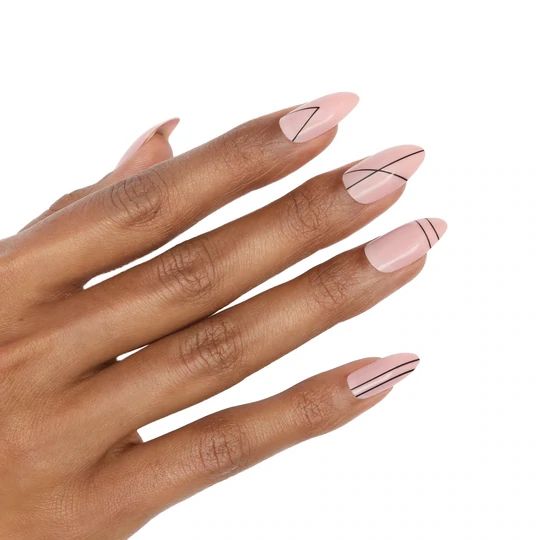 Elegant Almond-Shaped Nails with Subtle Pink Polish and Sleek Black Lines for a Modern Minimalist Look.