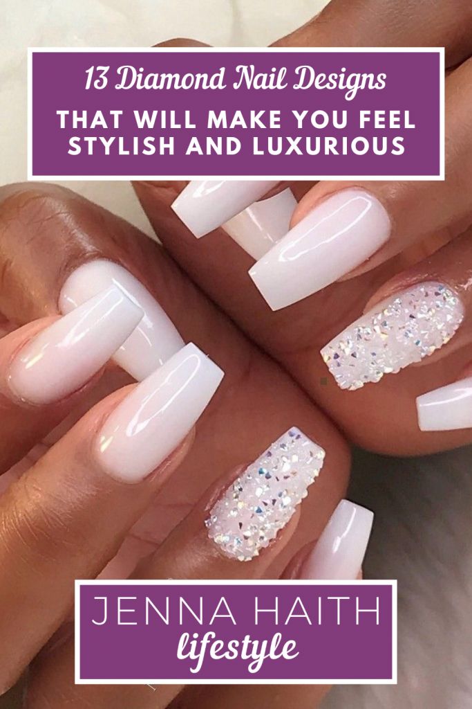 Sophisticated Elegant Diamond Nail Designs with Glossy White and Glitter Accents