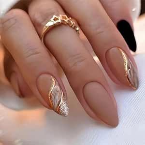 Sophisticated Nail Design with Matte Nude, Glossy Accents, and Elegant Gold Ring Accent.