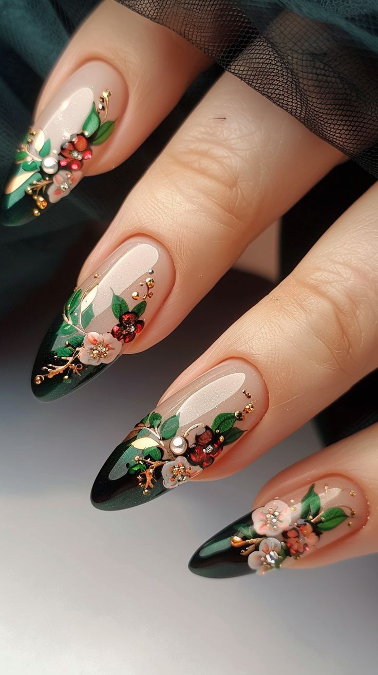 Elegant Floral Nail Design with 3D Embellishments and Glamorous Accents.