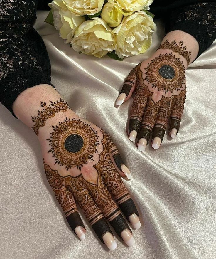 Elegant Henna Designs with Mandala Centerpiece and Detailed Fingertips.