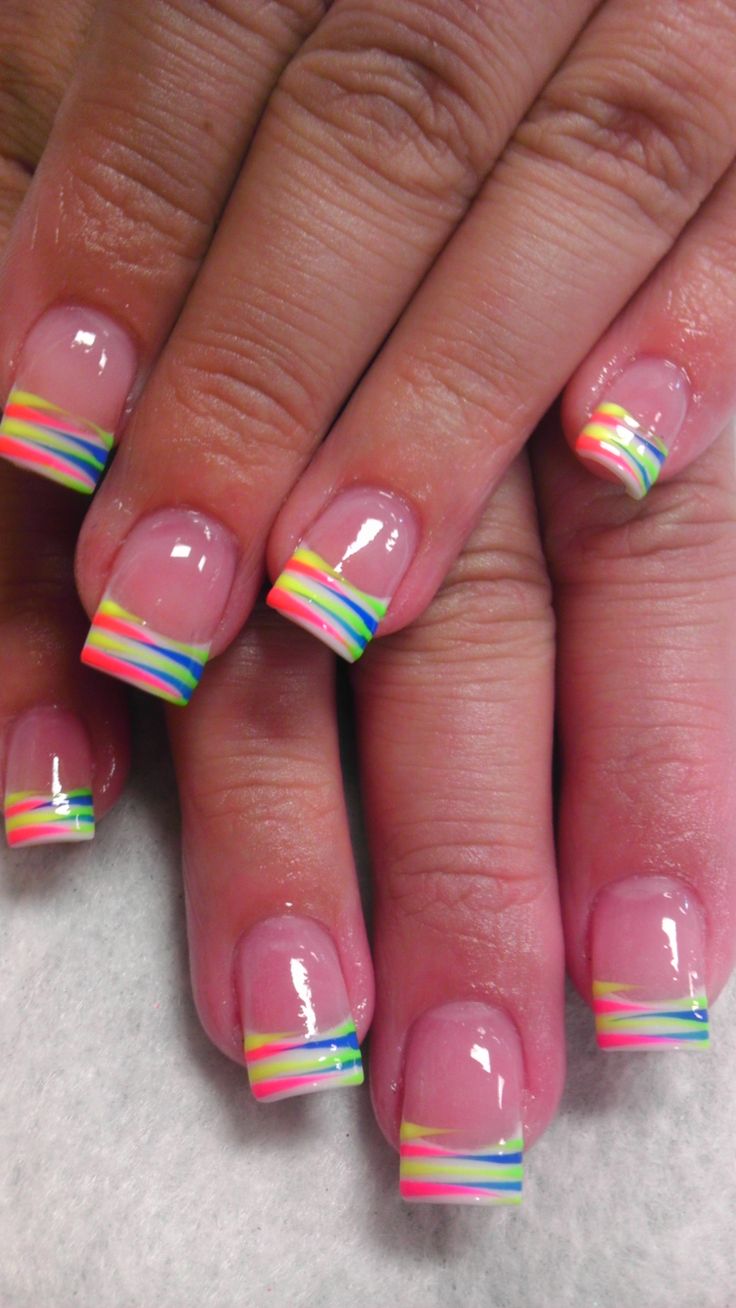 Playful Neon Twist on Classic French Manicure for a Stylish Pop of Color.