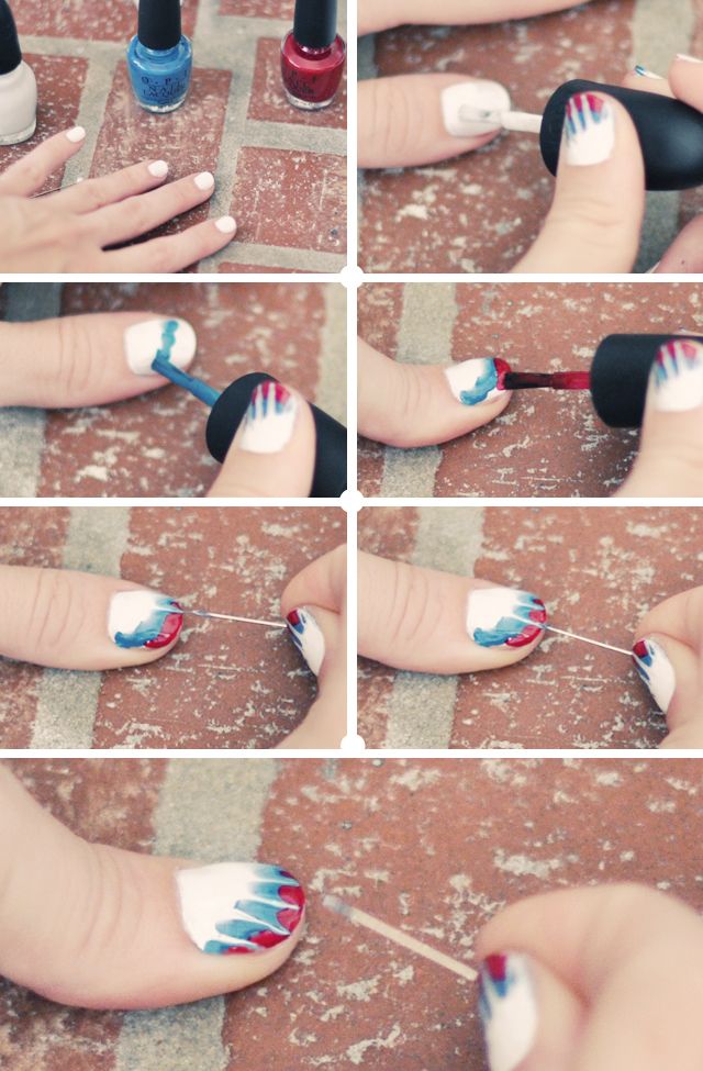 Vibrant Gradient Nail Design Tutorial: White Base with Blue and Red Accents.