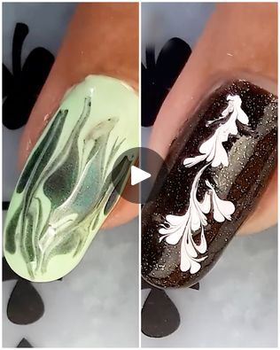 Striking Nail Art: Swirling Green Marble and Elegant White Floral on Dark Glitter.