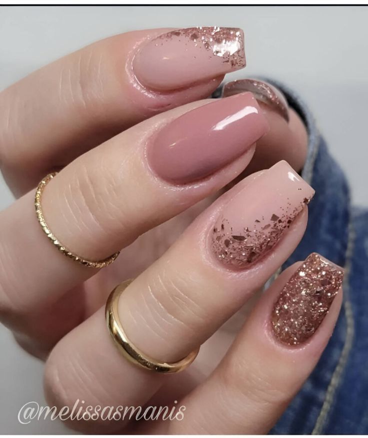 Sophisticated Nail Design: Soft Nude and Rose Shades with Glamorous Glitter Accents