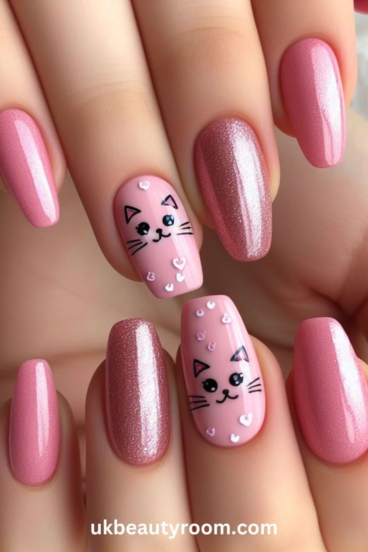 Playful Pink Nail Design with Whimsical Cat Illustrations and Glamorous Accents.