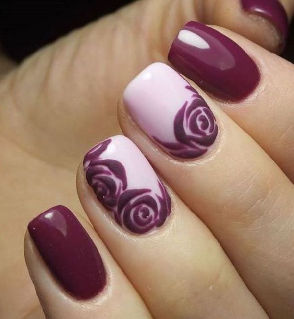 Elegant Nail Design Featuring Deep Burgundy and Soft Pink with Intricate Rose Patterns