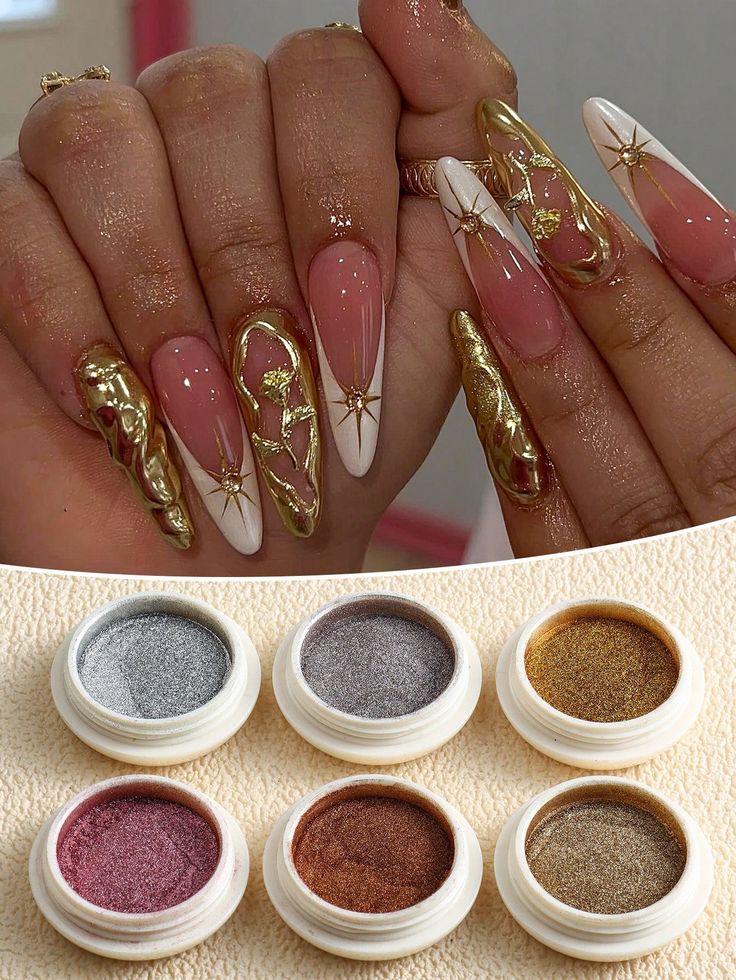 Luxurious Elongated Stiletto Nail Design with Glossy Pink, Golden Accents, Artistic Swirls, and Shimmering Metallic Powders.