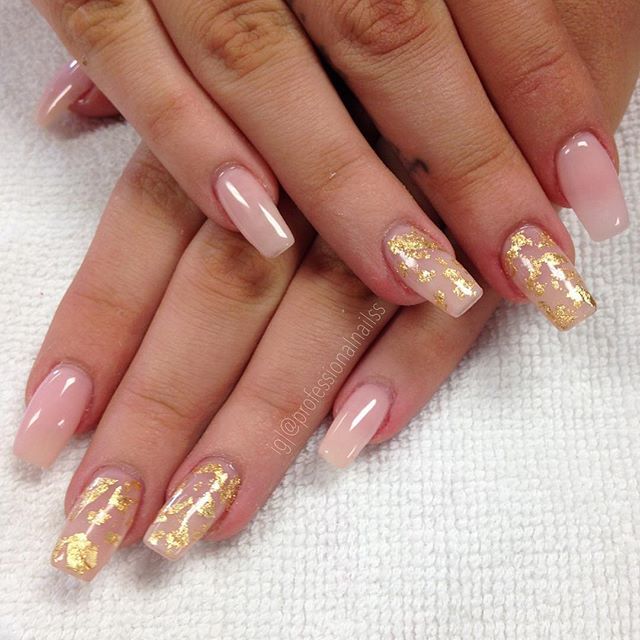 Sophisticated Nude Nail Design with Gold Foil Accents for Any Occasion