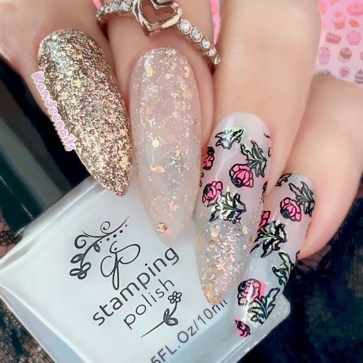 Elegant Nail Design with Textured Accents and Floral Stamping.