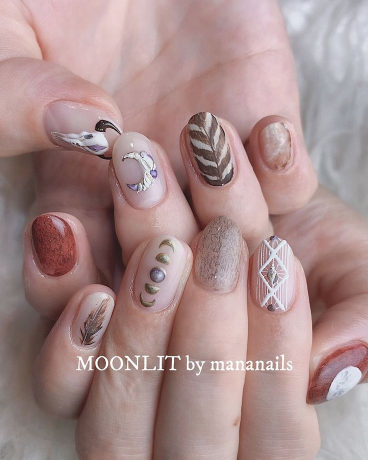 Earthy Toned Nail Art: Unique Floral and Geometric Designs with Modern Creativity