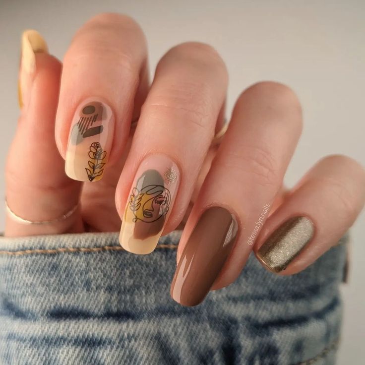 Artistic Nail Design with Earthy Tones, Matte and Glossy Finishes