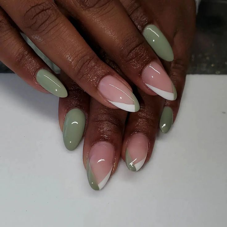 Stylish Almond-Shaped Nails: Muted Green and Soft Pink with Chic French Tips