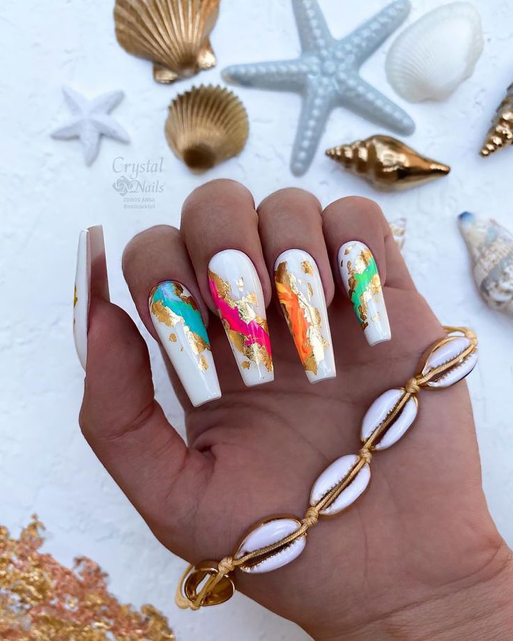 Colorful Summer Nail Design with White Base and Gold Accents