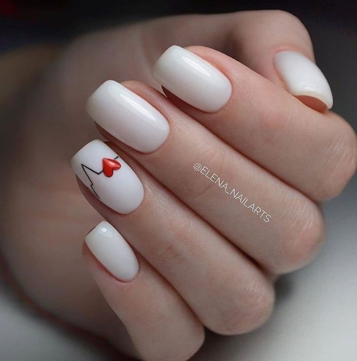 Chic White Manicure with Glossy Square Nails and Charming Red Heart Accent