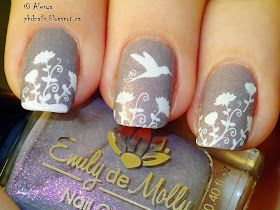 Whimsical Floral Nail Art Design with Gray Background and Hummingbird Accents.