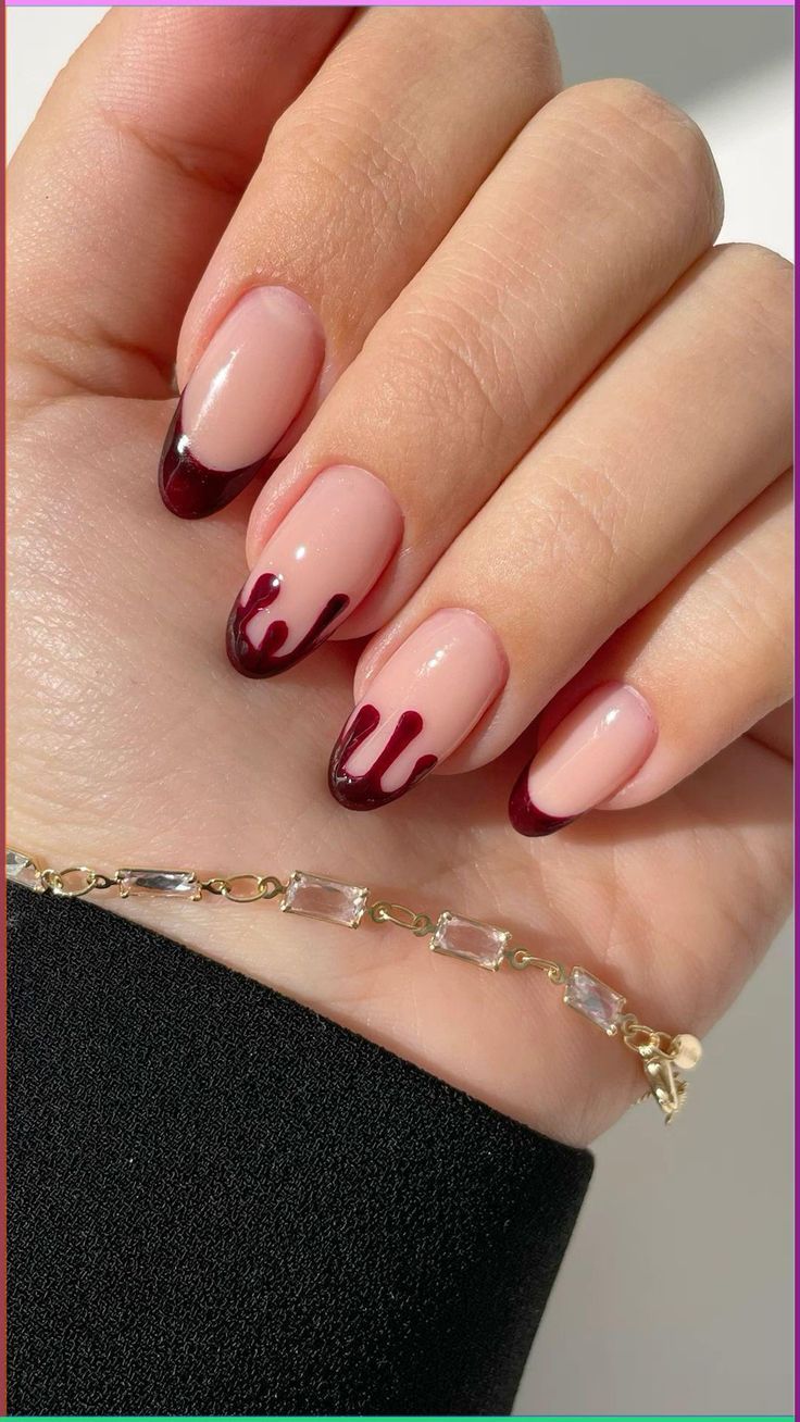 Chic Nude and Deep Burgundy Drip Nail Design for a Bold Statement.