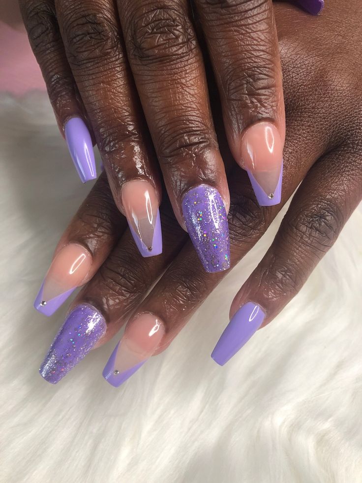 Chic Lavender Nail Design with Glitter Accents and Geometric French Tips