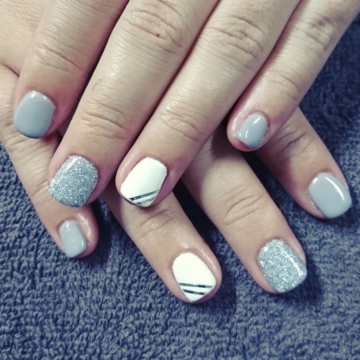 Elegant Gray and Silver Geometric Nail Design with White Accents