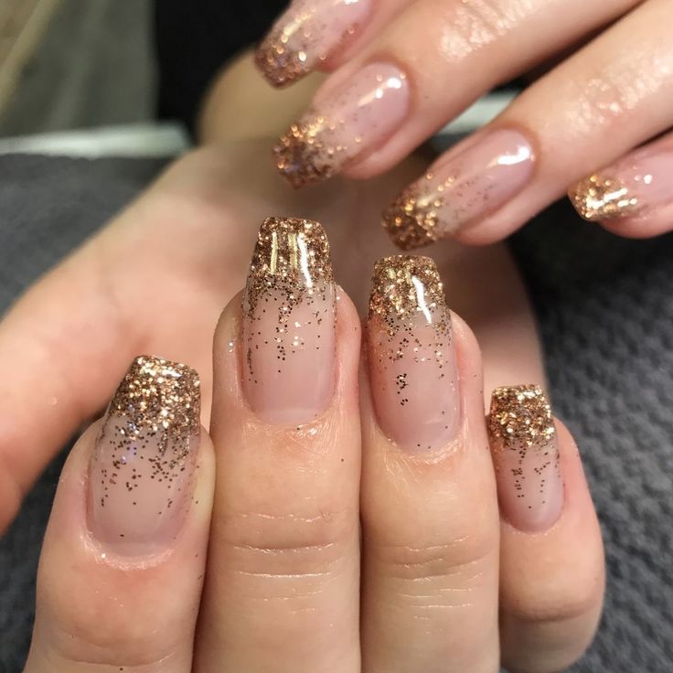 Stunning Gradient: Elegant Nude Nails with Sparkling Rose Gold Glitter Tips