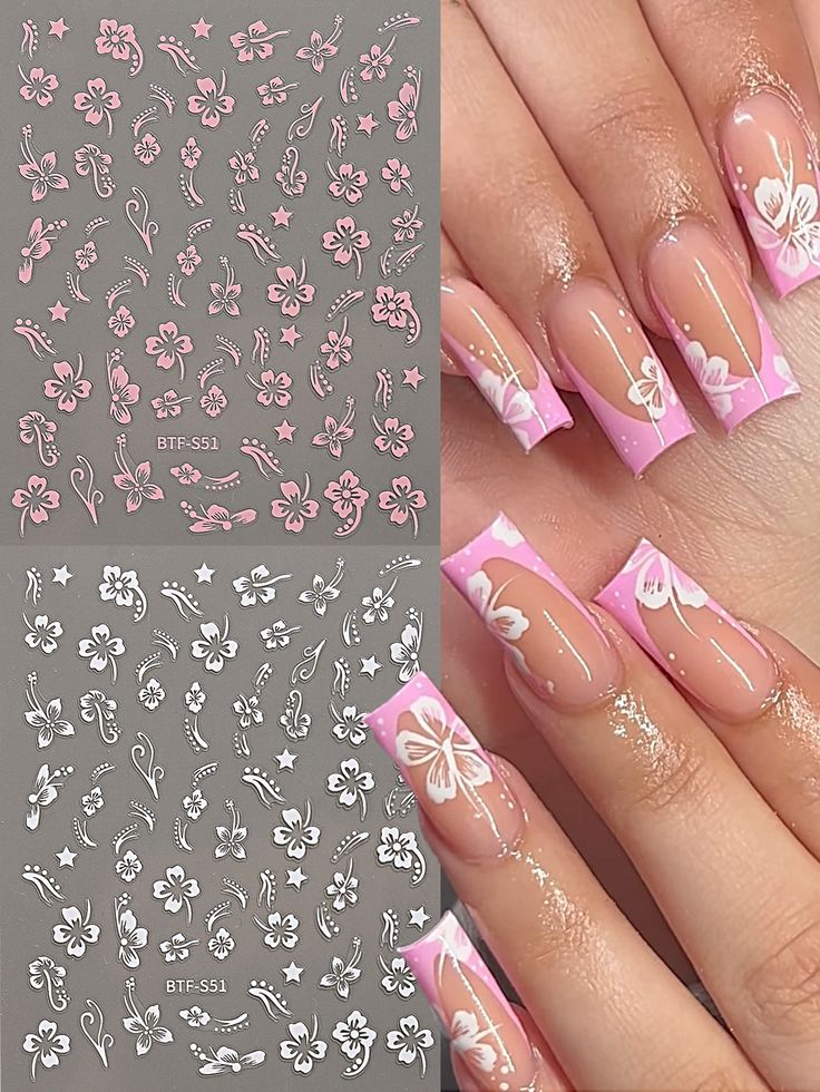 Delicate Floral Nail Art: Elegant Pink and White Design for Any Occasion