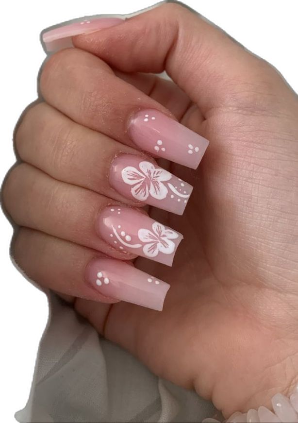 Elegant Floral Nail Design: Soft Pink Ombre with Intricate White Patterns