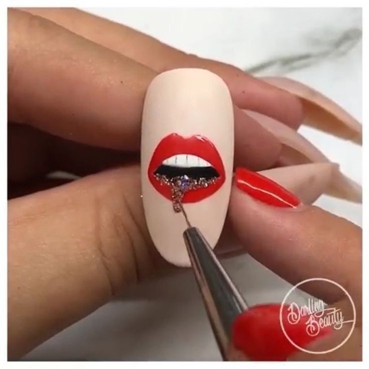 Striking Nail Art Design: Glossy Red Lips on Nude Background with Glamorous Embellishments