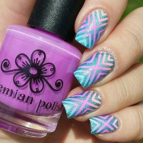 Vibrant Turquoise and Pink Geometric Nail Design with Glossy Finish.