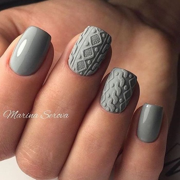 Sophisticated Gray Nail Design with Glossy and Textured Finishes.