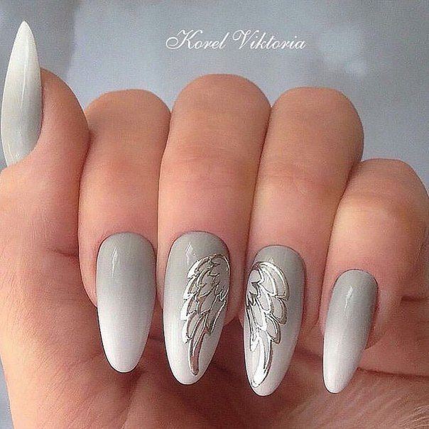 Chic Grey Ombre Almond Nails with Elegant Angel Wing Accent