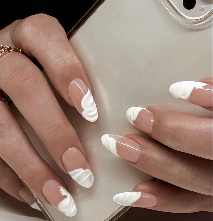 Sophisticated Nude and White Swirl Nail Design for Any Occasion