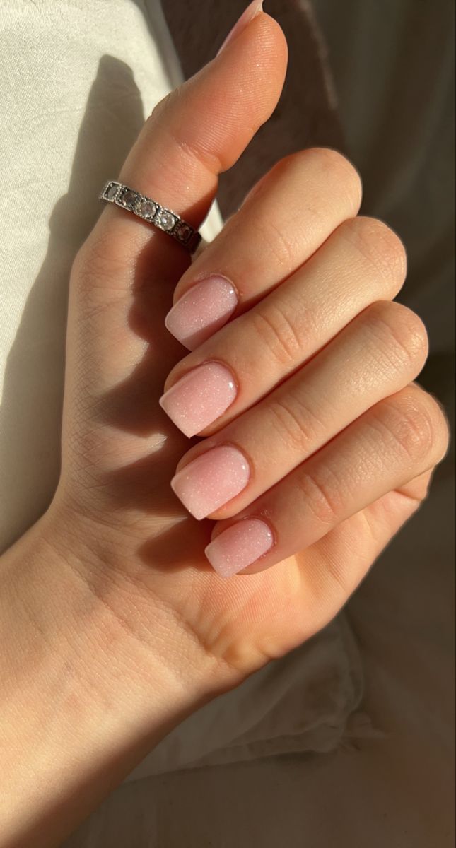 Sophisticated Elegant Nail Design with Soft Pink Shimmer and Modern Squared Shape