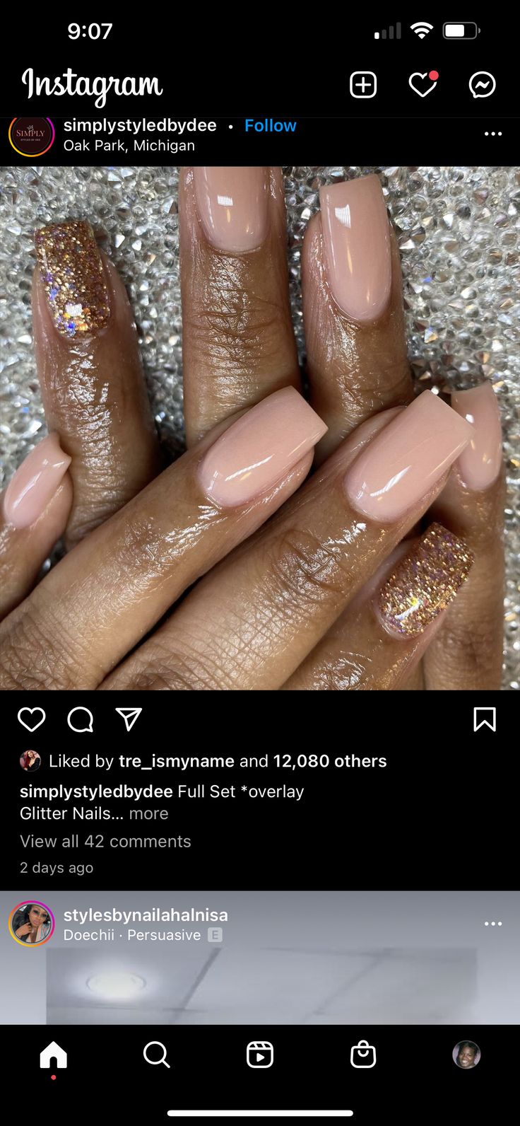 Chic Soft Nude Nail Design with Glitter Accents for Any Occasion