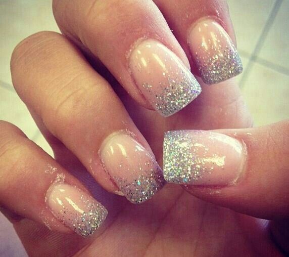 Chic Ombre Nail Design with Nude Base and Silver Glitter Tips for Versatile Elegance.