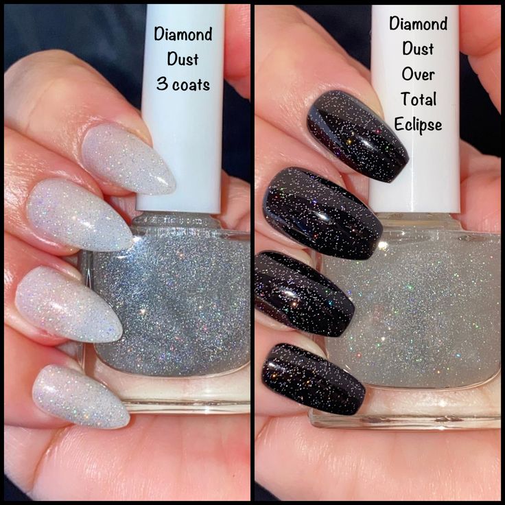 Stunning Gradient Nail Design: Sheer Silver to Bold Black with Diamond Dust Polish.