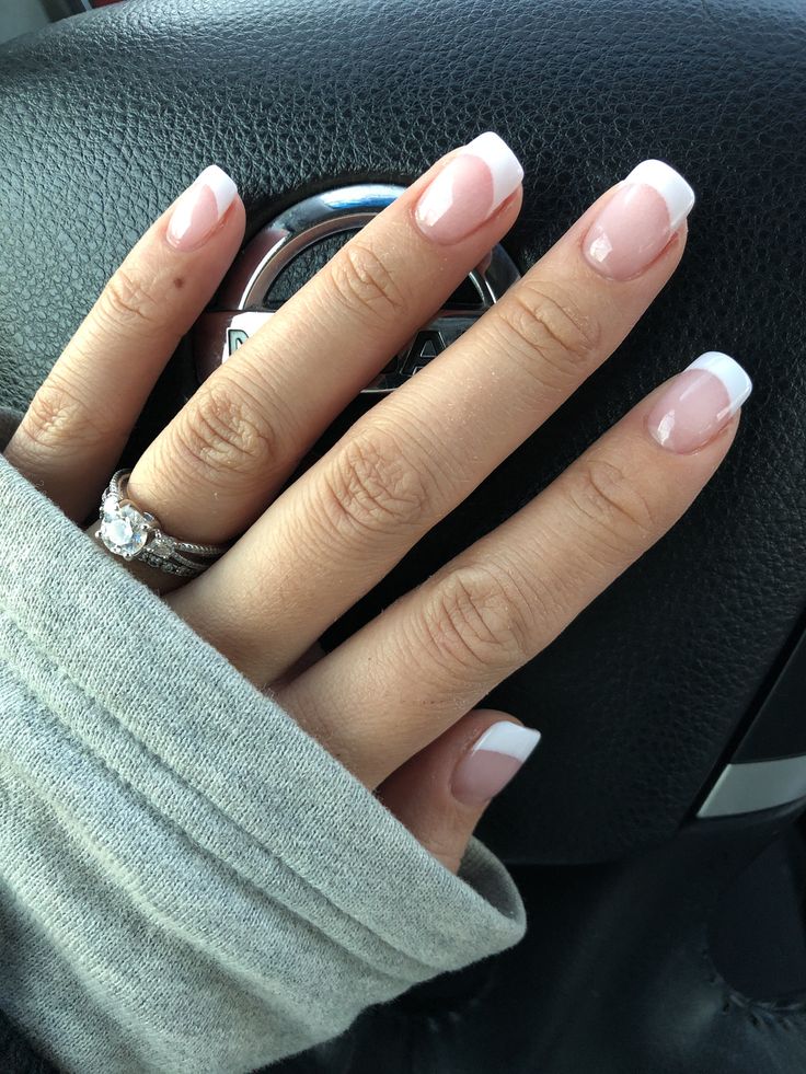 Classic French Manicure: Soft Pink Base with Crisp White Tips for Elegant Everyday and Special Occasion Wear.