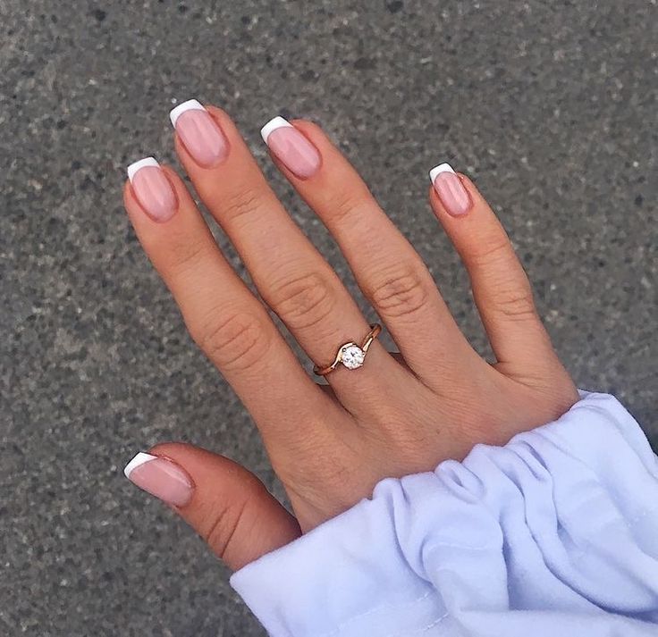 Timeless Elegance: Classic French Tip Manicure with Delicate Ring Accent